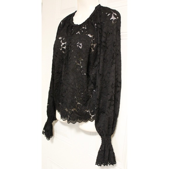 Free People Black Lace Blouse Romantic Sheer Scalloped Hem Oversized Size Small - Picture 5 of 7